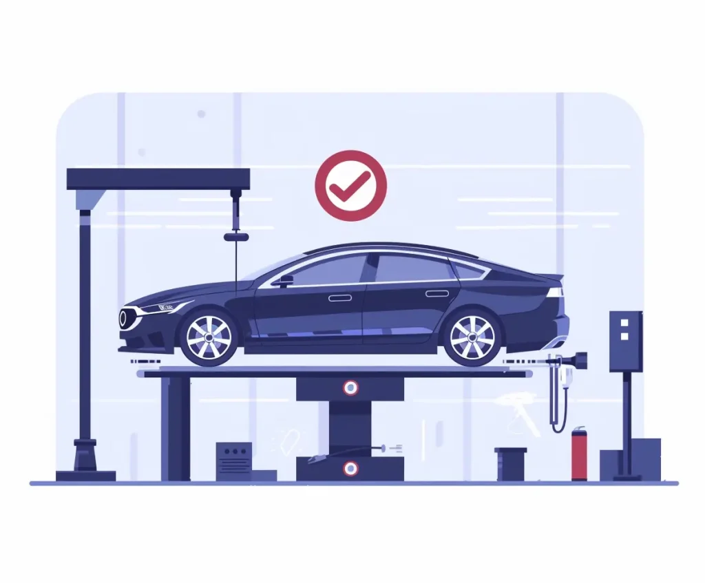 HU / AU Fahrzeugprüfung in einer modernen Autowerkstatt in Seevetal, Auto auf der Hebebühne mit symbolischem Prüfsiegel, ohne Personen.