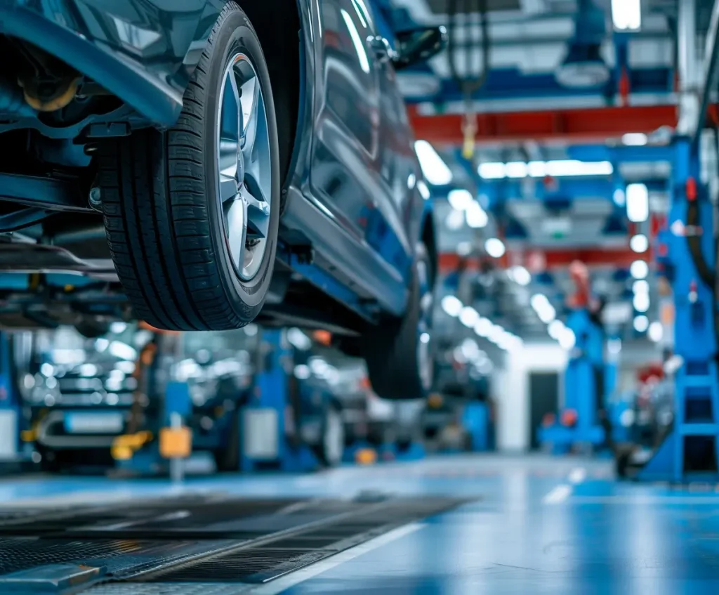 Fahrzeug auf der Hebebühne während einer technischen Untersuchung in einer Autowerkstatt in Seevetal