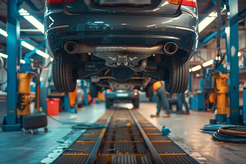 HU und AU Prüfung eines Fahrzeugs auf der Hebebühne mit Sichtprüfung von Unterboden und Abgasanlage in Seevetal