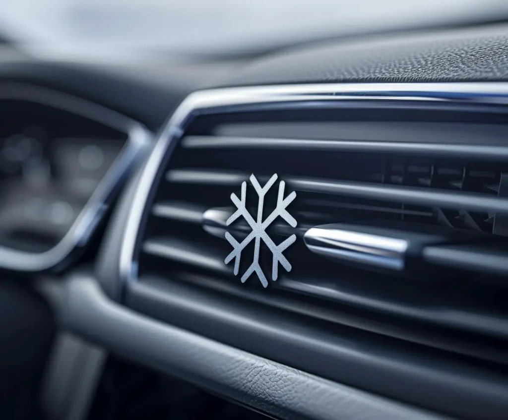 Klimaservice in einer modernen Autowerkstatt in Seevetal, Detailaufnahme der Lüftungsdüse mit Klimasymbol, ohne Personen.