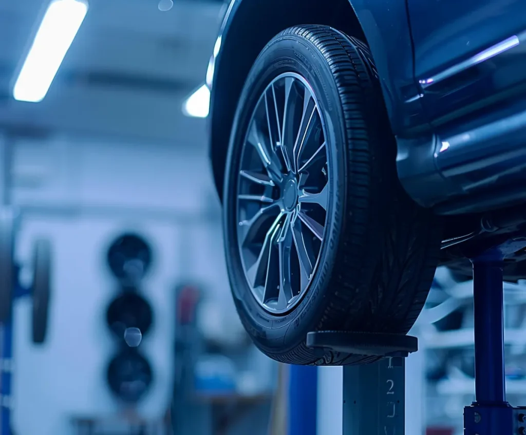 Reifenwechsel in einer modernen Autowerkstatt in Seevetal, Fahrzeug auf der Hebebühne, Fokus auf Rad und Reifen, ohne Personen.