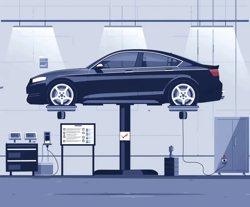 Fahrzeuginspektion in einer Autowerkstatt in Seevetal, PKW auf Hebebühne mit strukturierter Wartungsprüfung, ohne Personen.