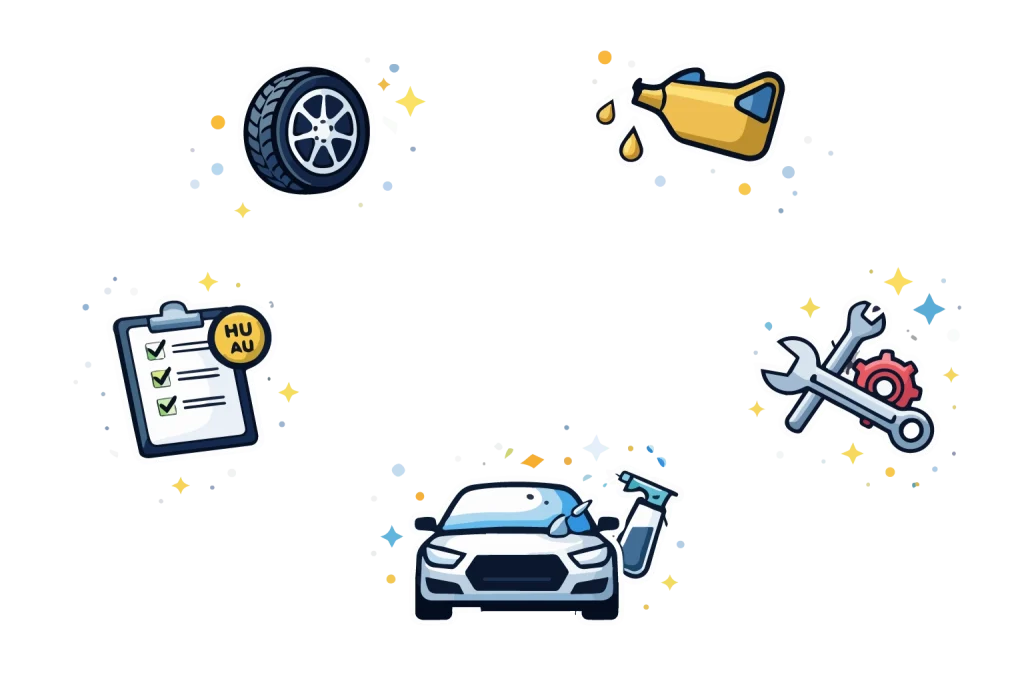 Kfz Service Icons für Reifenservice, Ölwechsel, HU AU, Wartung und Fahrzeugaufbereitung bei APB Service in Seevetal